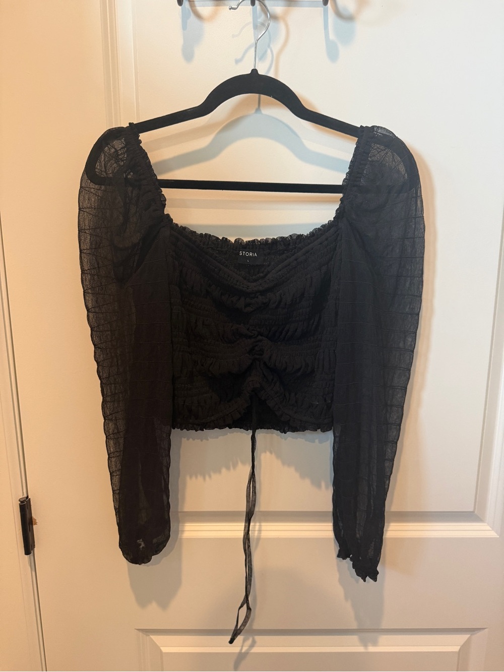Storia Black Sheer Ruched Square-Neck Crop Top